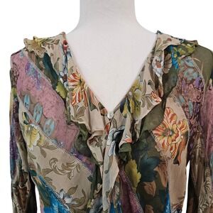 Vintage Peter Martin Silk Womens 10 Floral Ruffle Blouse Romantic Fairy Boho